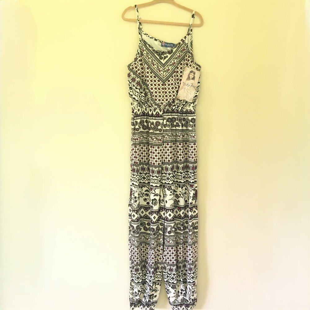 NWT Truly Me Girls Block Print Boho Print Jumpsuit, Almond/Black, Size 7